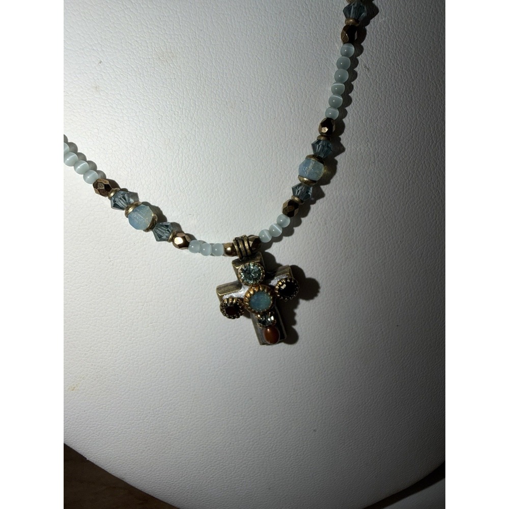 Michal Golan Small Light Blue Cross Necklace on Beaded Chain Swarovski Stones